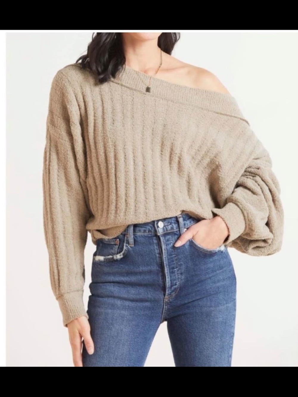 Free People Slouchy Off-the-Shoulder Ribbed Sweater in Taupe Sz XS
